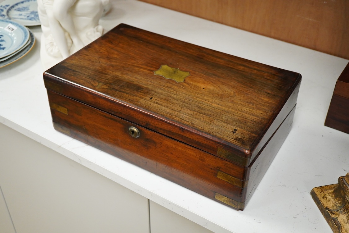 A Victorian brass inlaid mahogany jewellery box and one other writing slope, lacking interior, 40cm wide